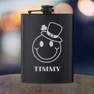 Personalized Engraved Irish Clover Hat Smile Black Flask